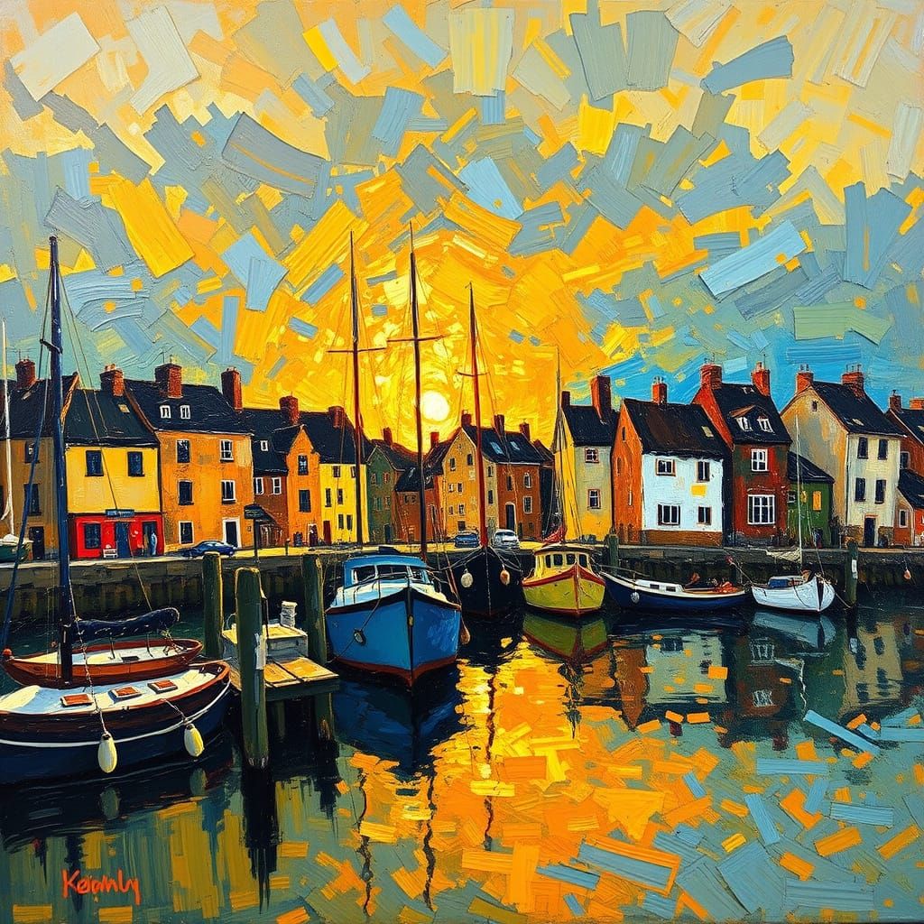 Golden Harbour Sunset in Impasto Style