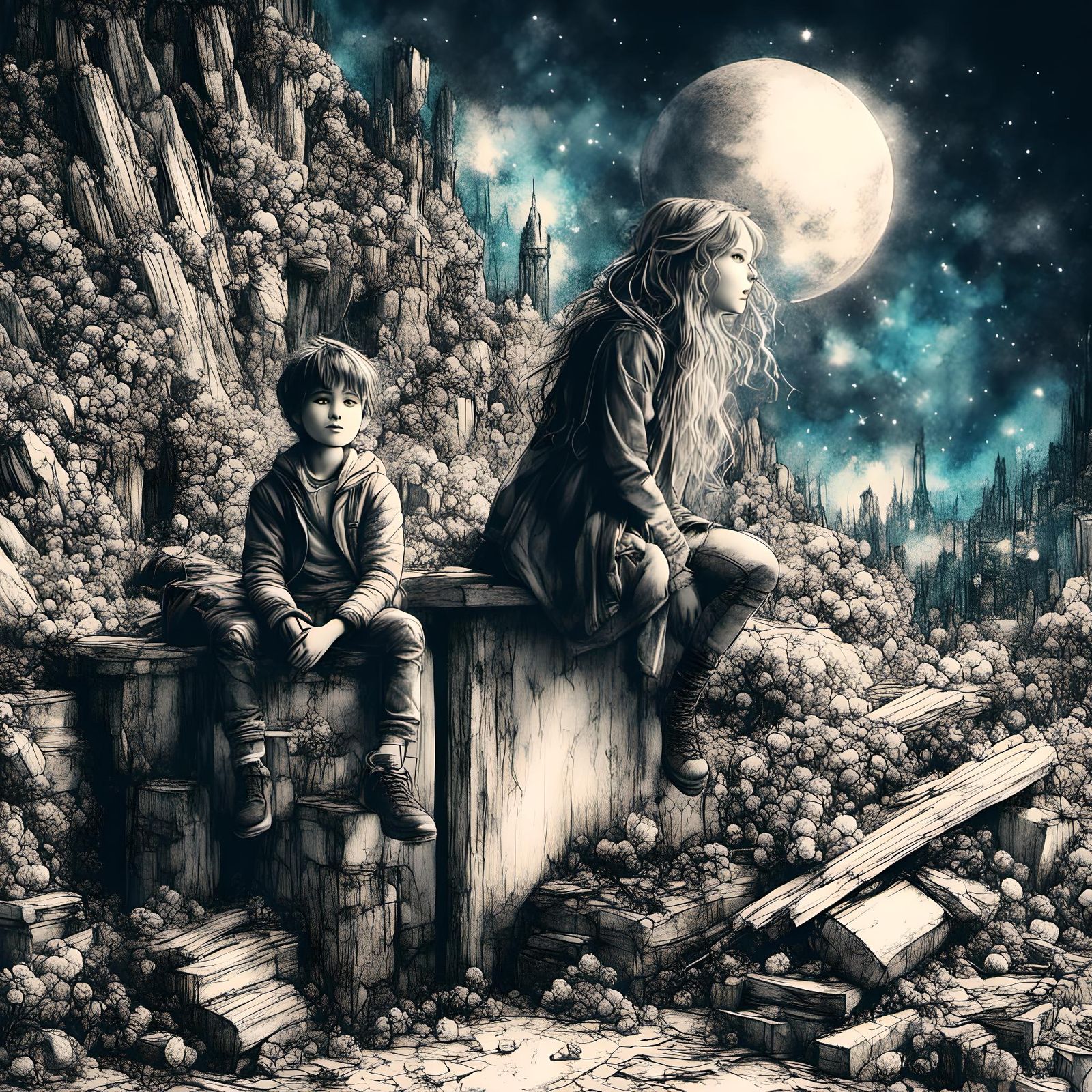 Detailed Ink Drawing of Children on Pencil