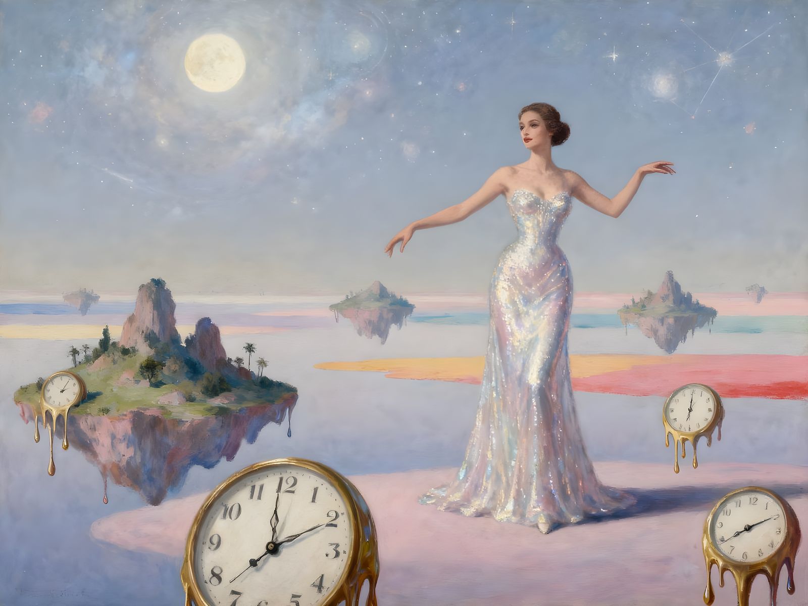 Elegant Supermodel in Shimmering Gown Amidst Surreal Landsca...