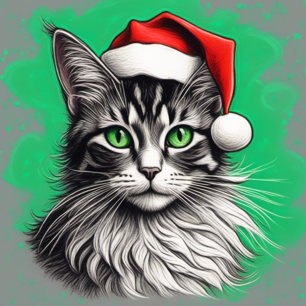 Maine Coon Cat in Santa Hat Chalk Art