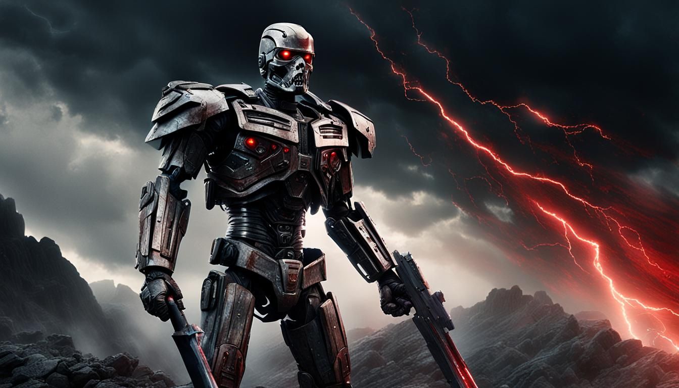 Terminator with Battle Axe in Storm, Digital Art