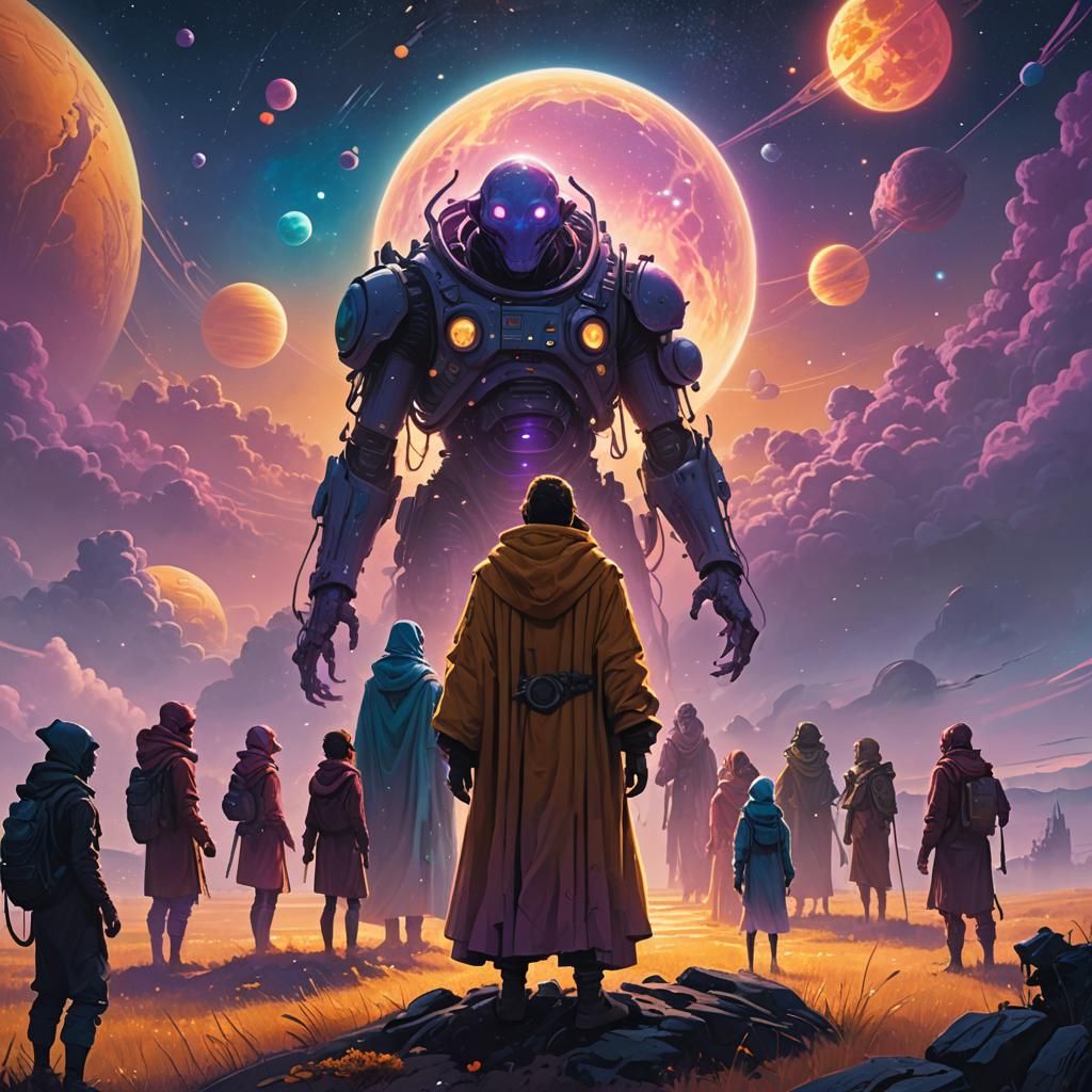 Fantasy Art: Smiling Figure Embracing Alien Friends