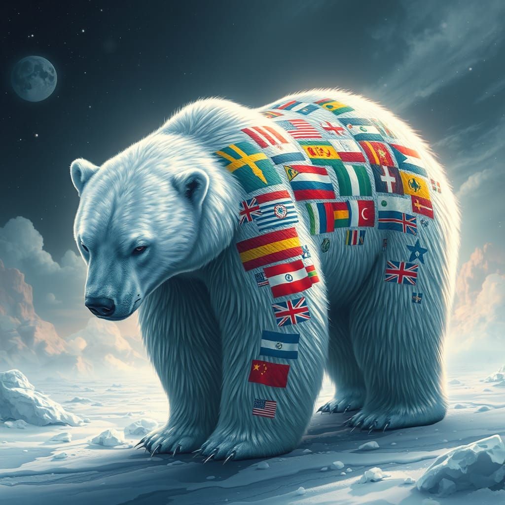 Polar Bear with World Flags: Surreal Digital Art