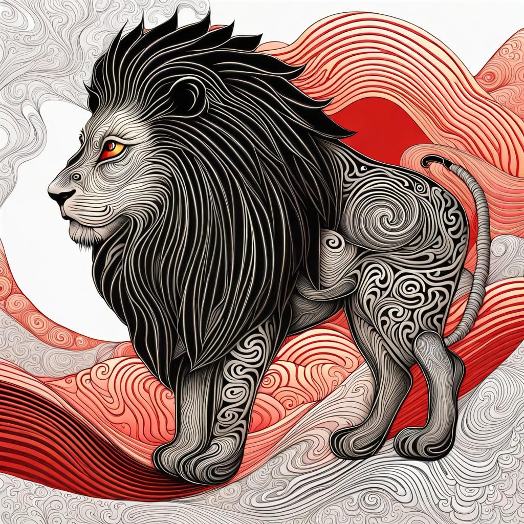 Neo-Primitivism: Lion and Lamb in Gold and Red
