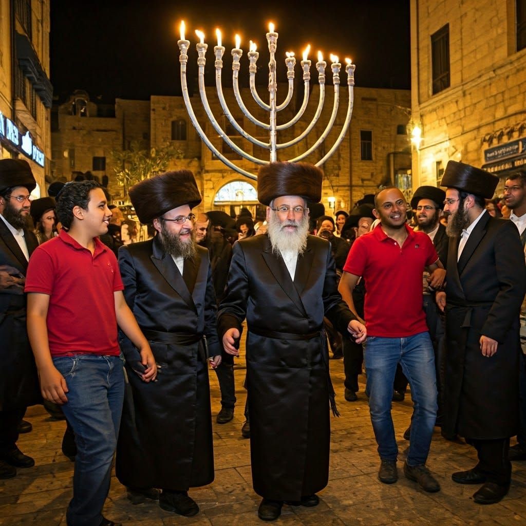 Next to a huge Hanukkah in Tel Aviv, a Hasidic man with a sh...