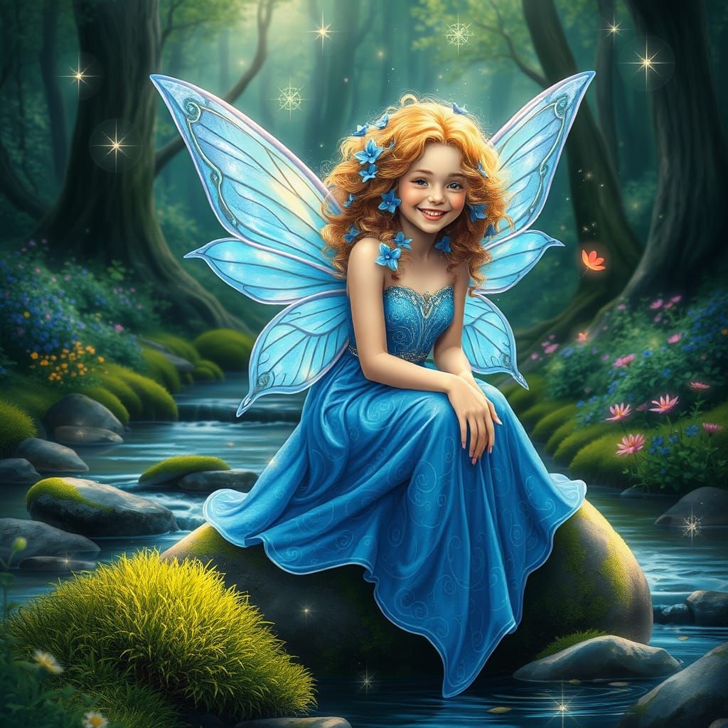 Whimsical Bluebell Fairy in Sapphire Gown Sits on Mossy Ston...