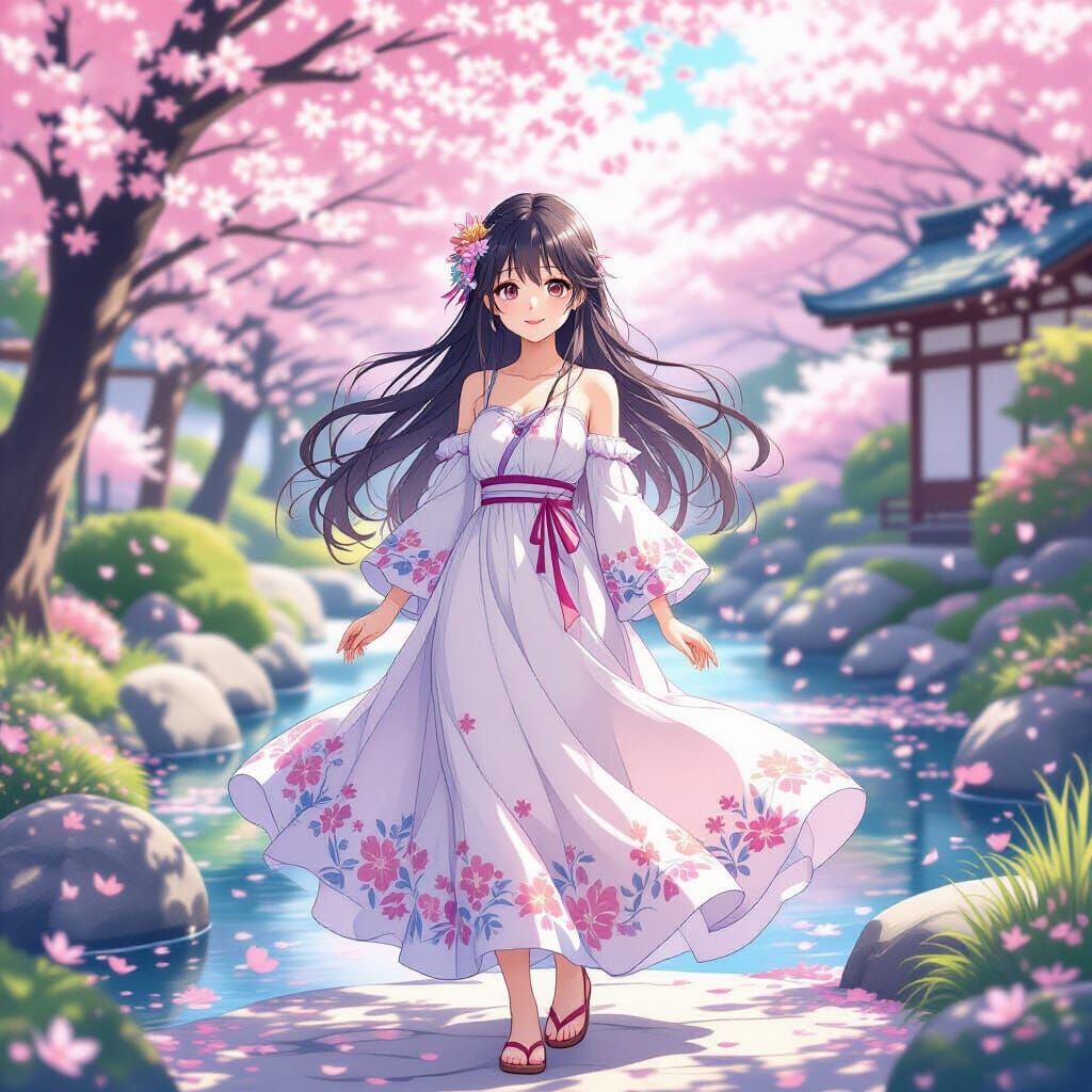 Anime Girl in Japanese Garden, Ethereal Watercolor Style