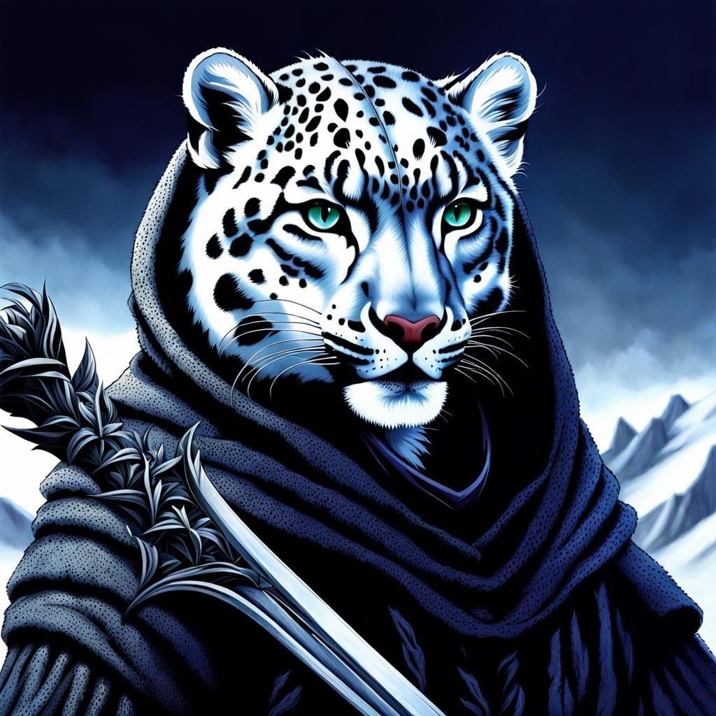Snow leopard humanoid with a dark