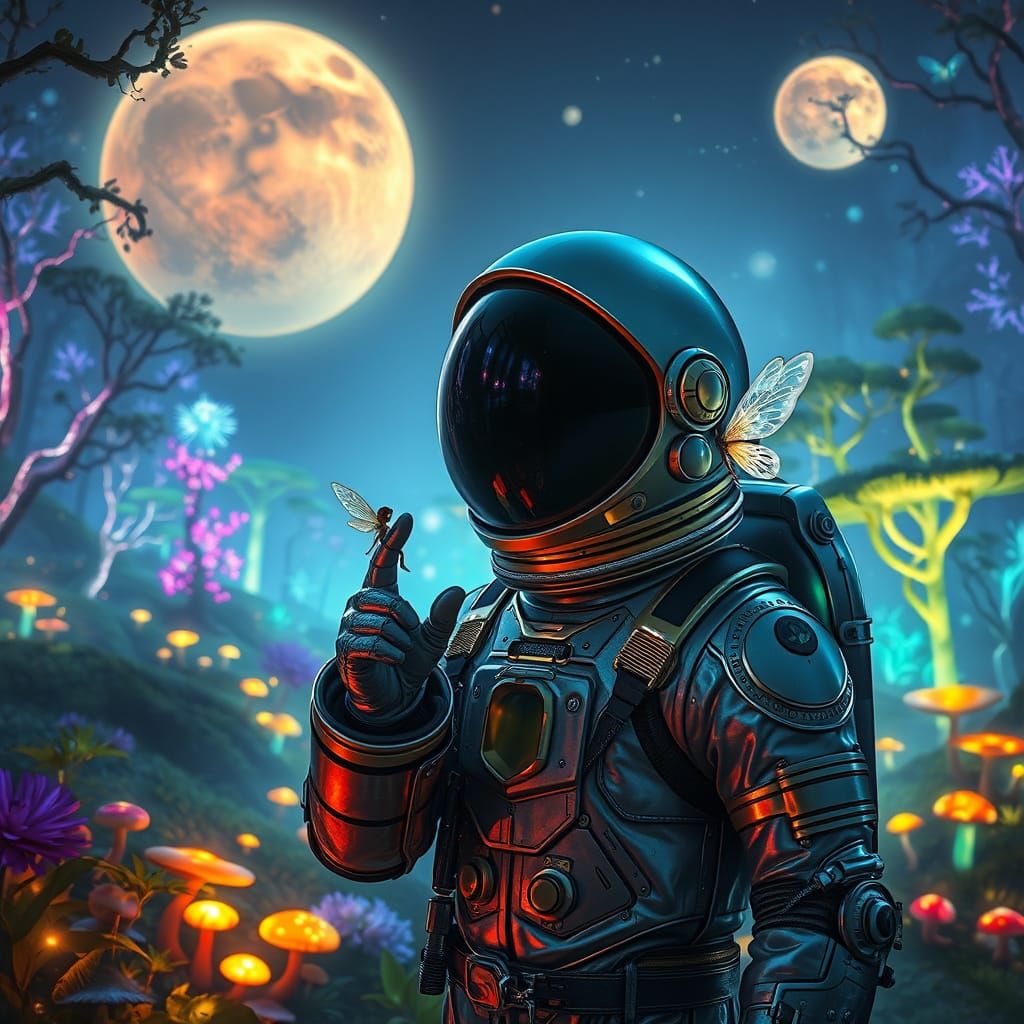 Astronaut Meets Enchanted Fairy in a Vibrant, Glowing World