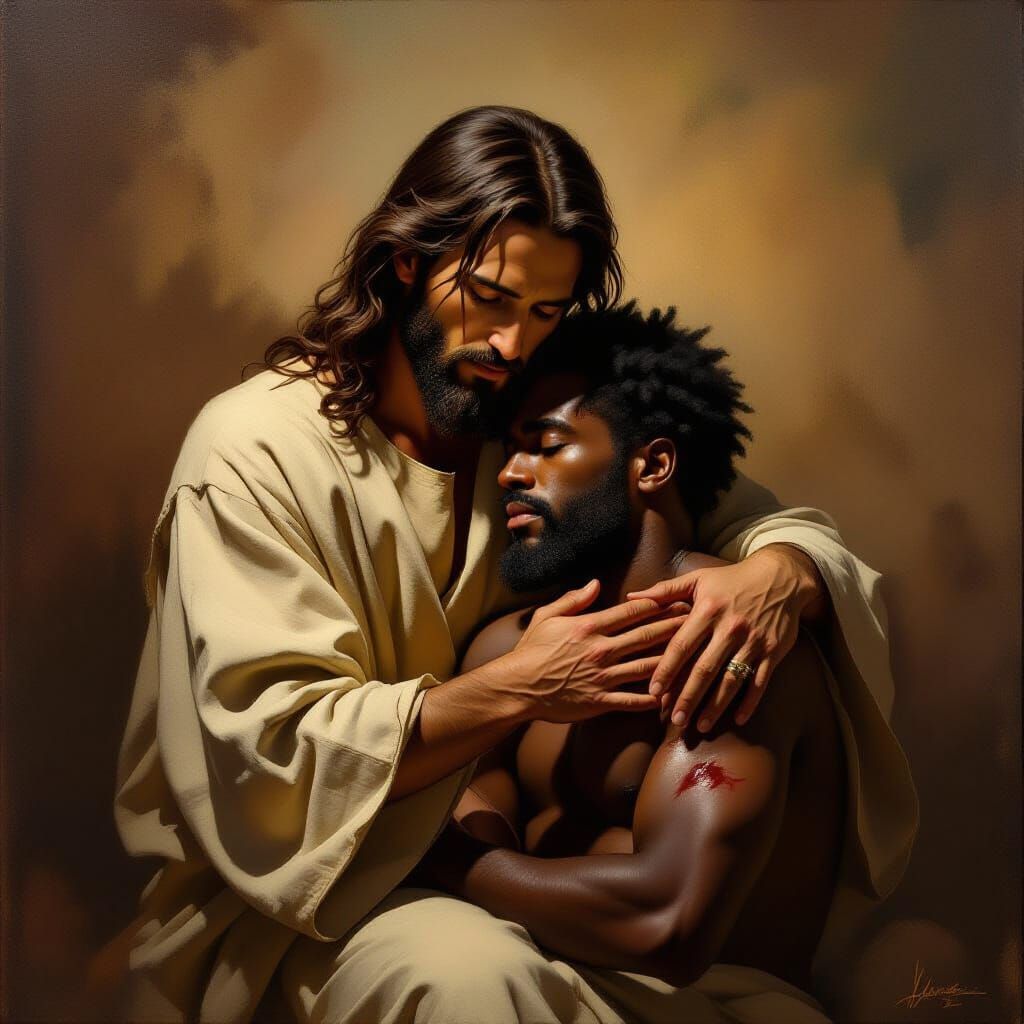 Jesus Cradling Wounded Man in Earthy Atmosphere