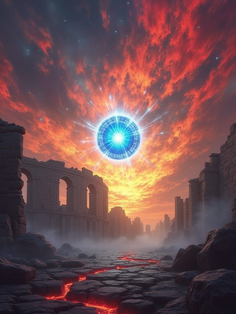 Vibrant Blue Crystal Hovers Above Ancient Roman Ruins