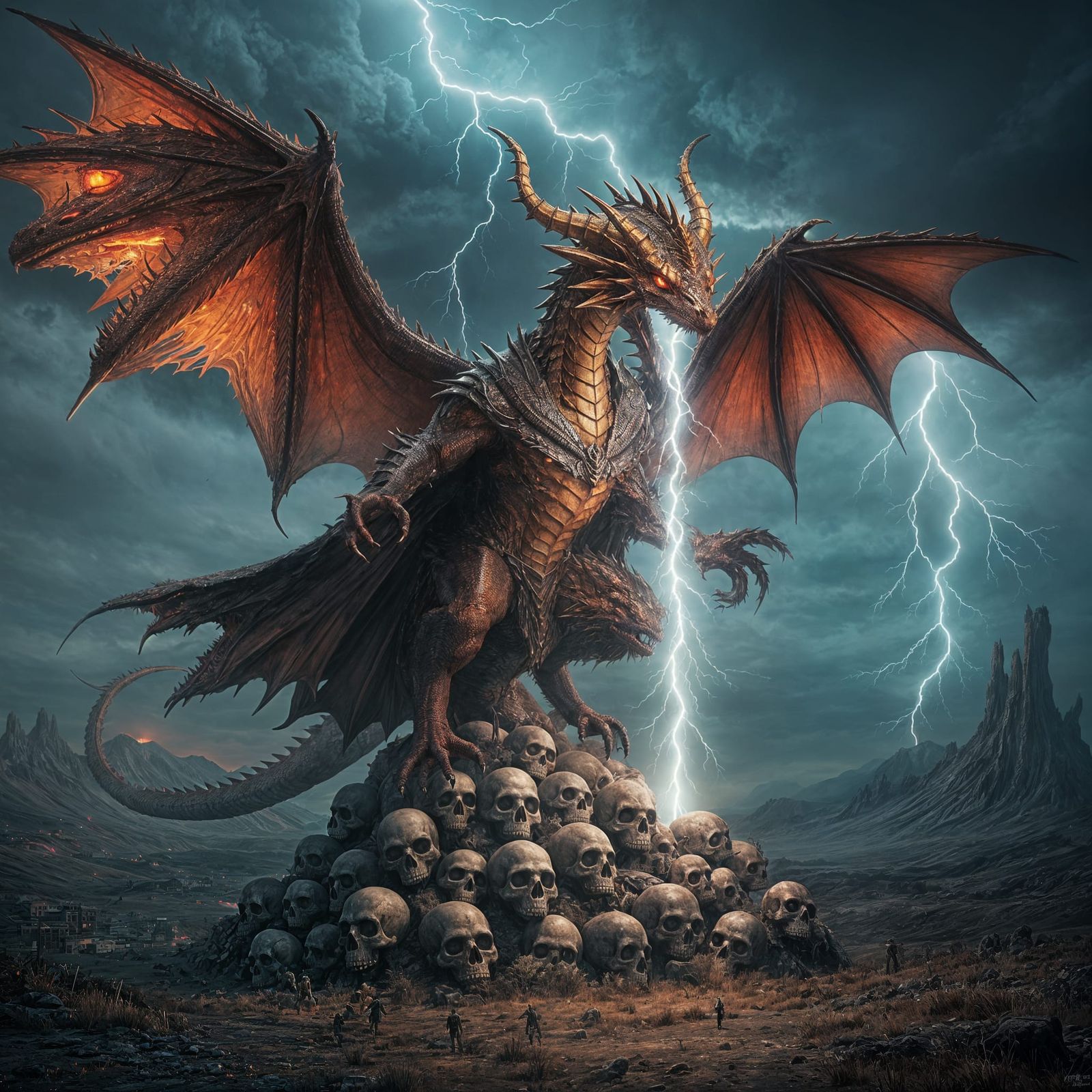 Bioluminescent Dragon Perched Atop Skulls Mountain