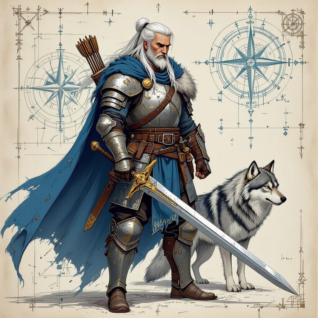 Medieval Warrior with Wolf in Detailed Pencil Sketch Style