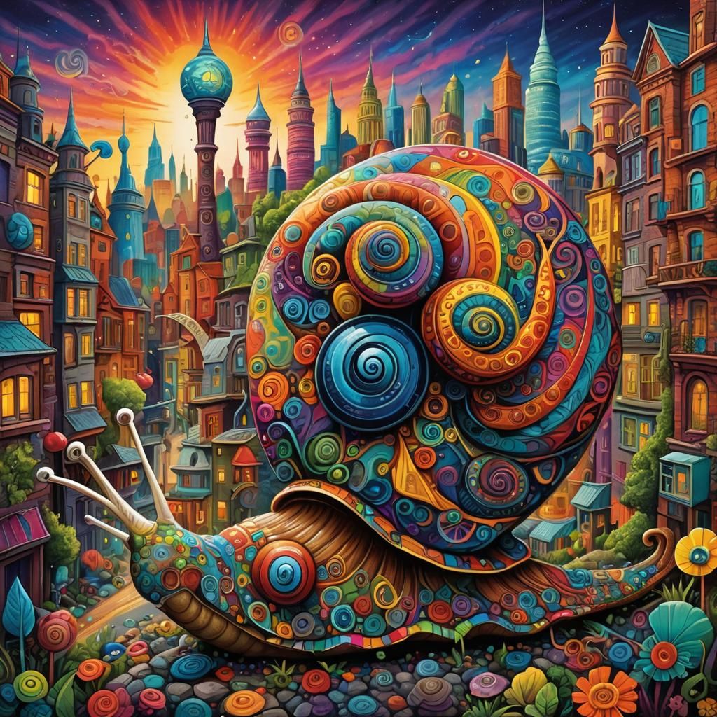 Psychedelic Snail in a Recycled Cityscape