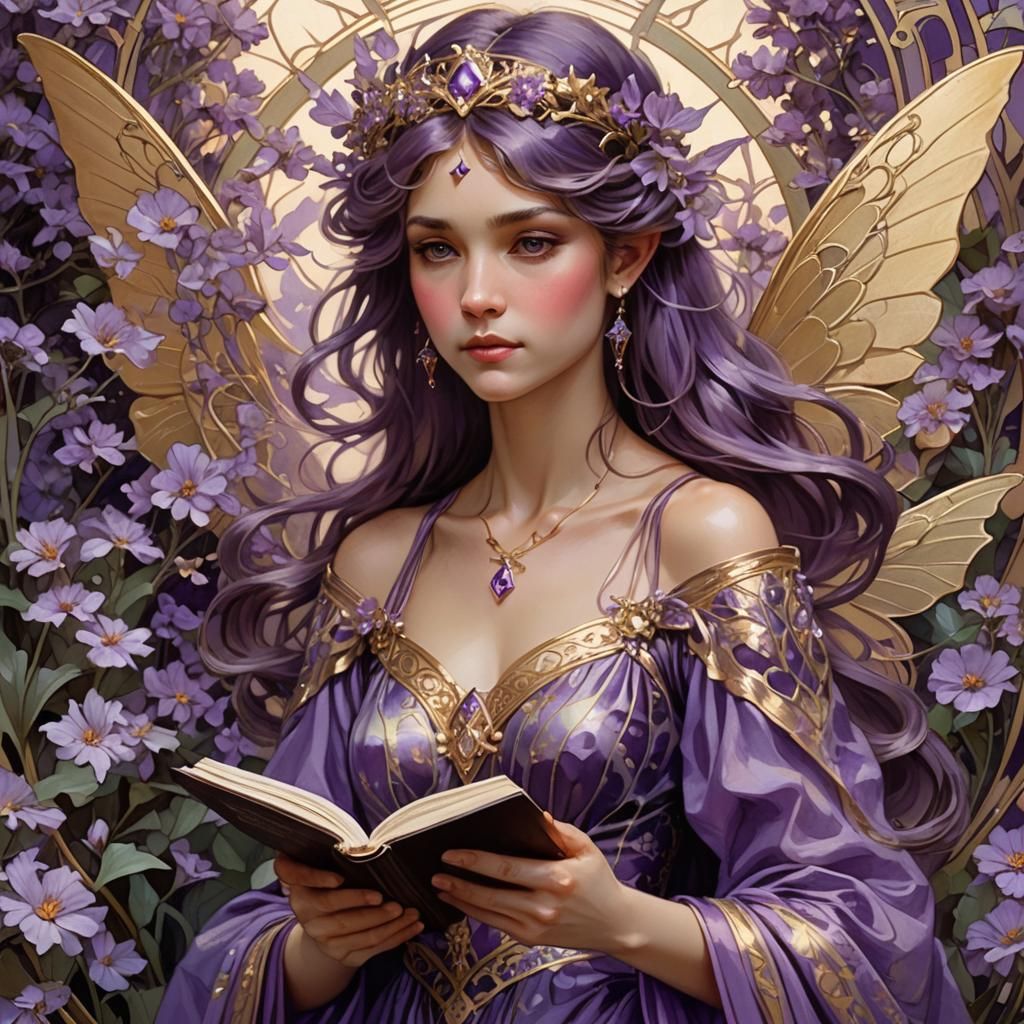 Art Nouveau Fairy Reading a Book in Sunlight