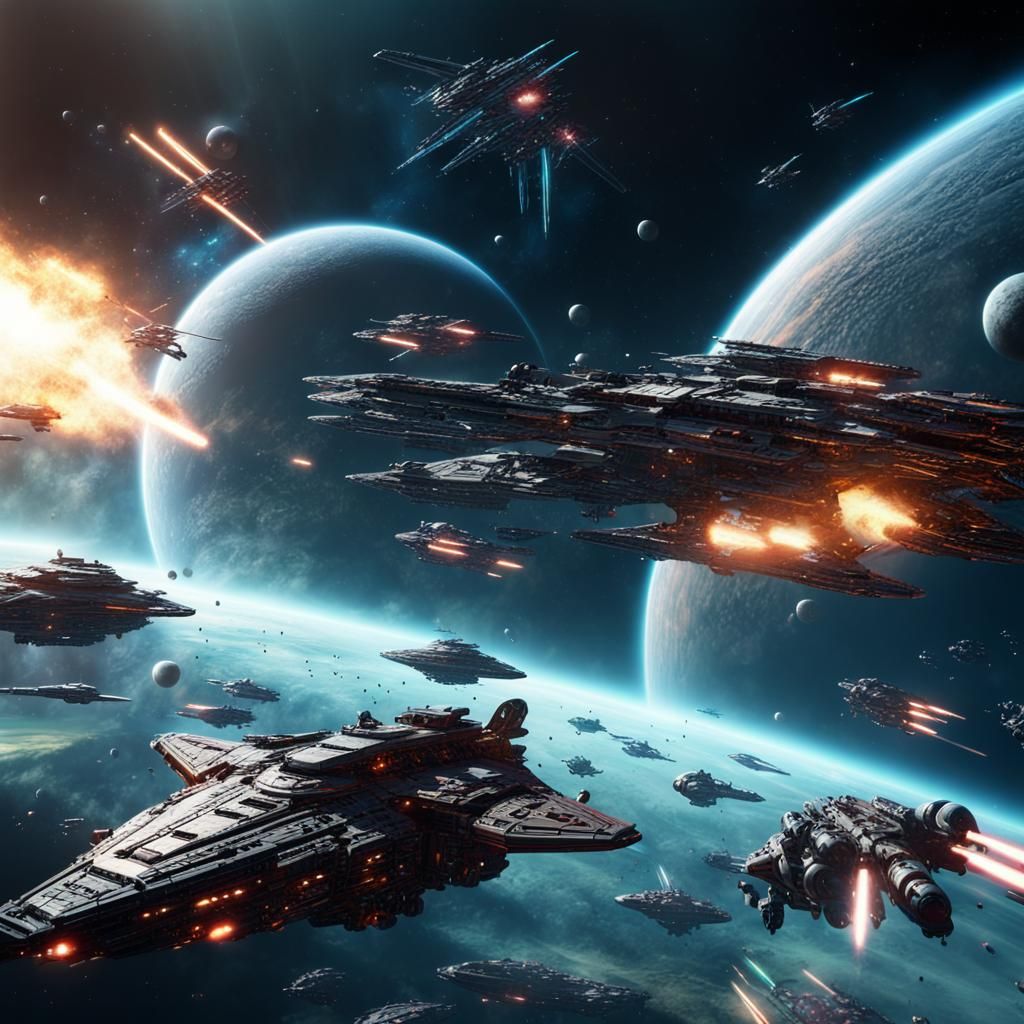 space battle with star ships, planet in background 8K resolution Epic cinematic brilliant stunning intricate meticulousl...