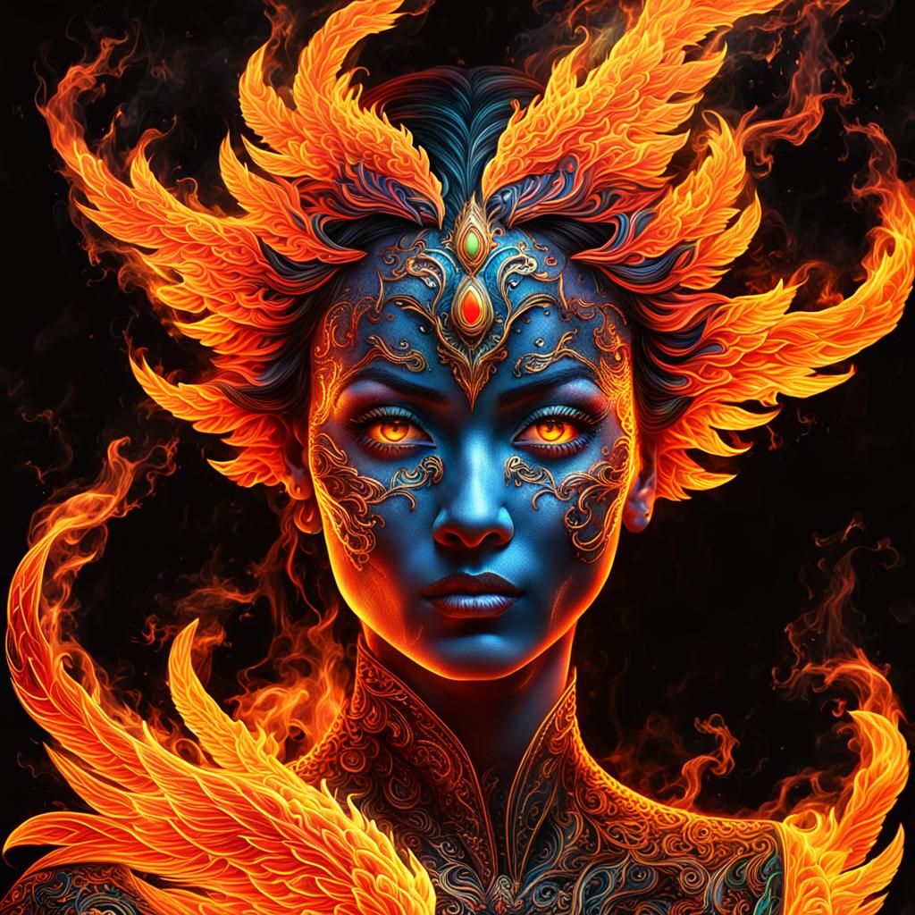Electric Fire Phoenix Portrait in Indonesian Style