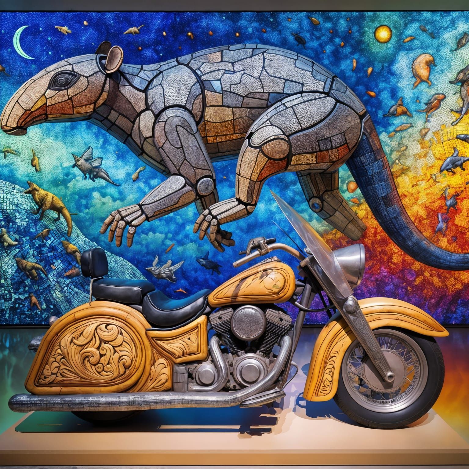 Wooden Motorcycle Statue and Robotic Anteater with Neon Sky