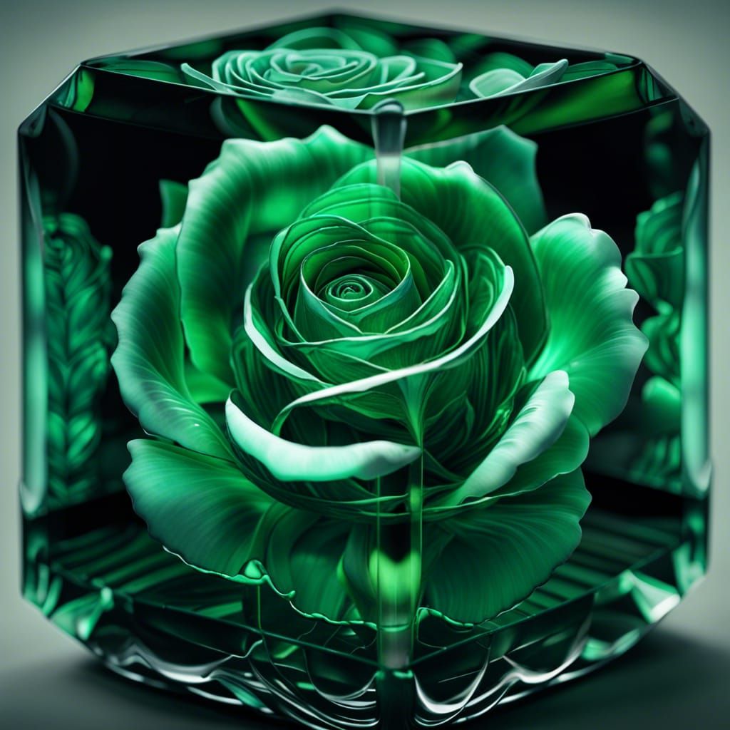 Glass Emerald Rose in Cube