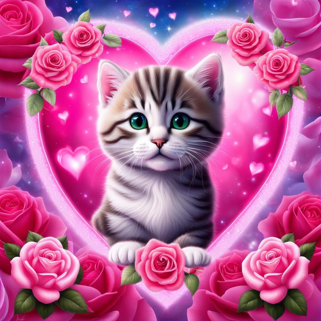 American Shorthair Kitten in Heart with Roses