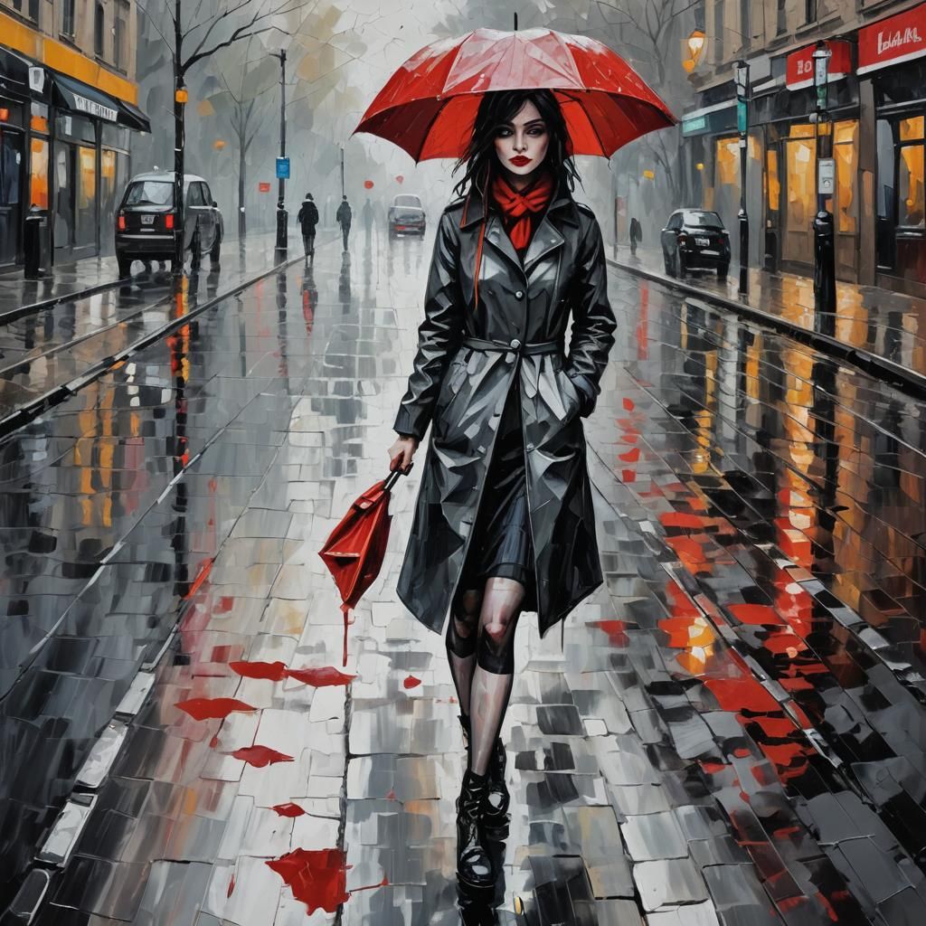 Emo Girl in Wet Street: Neo-Impressionist Oil Painting