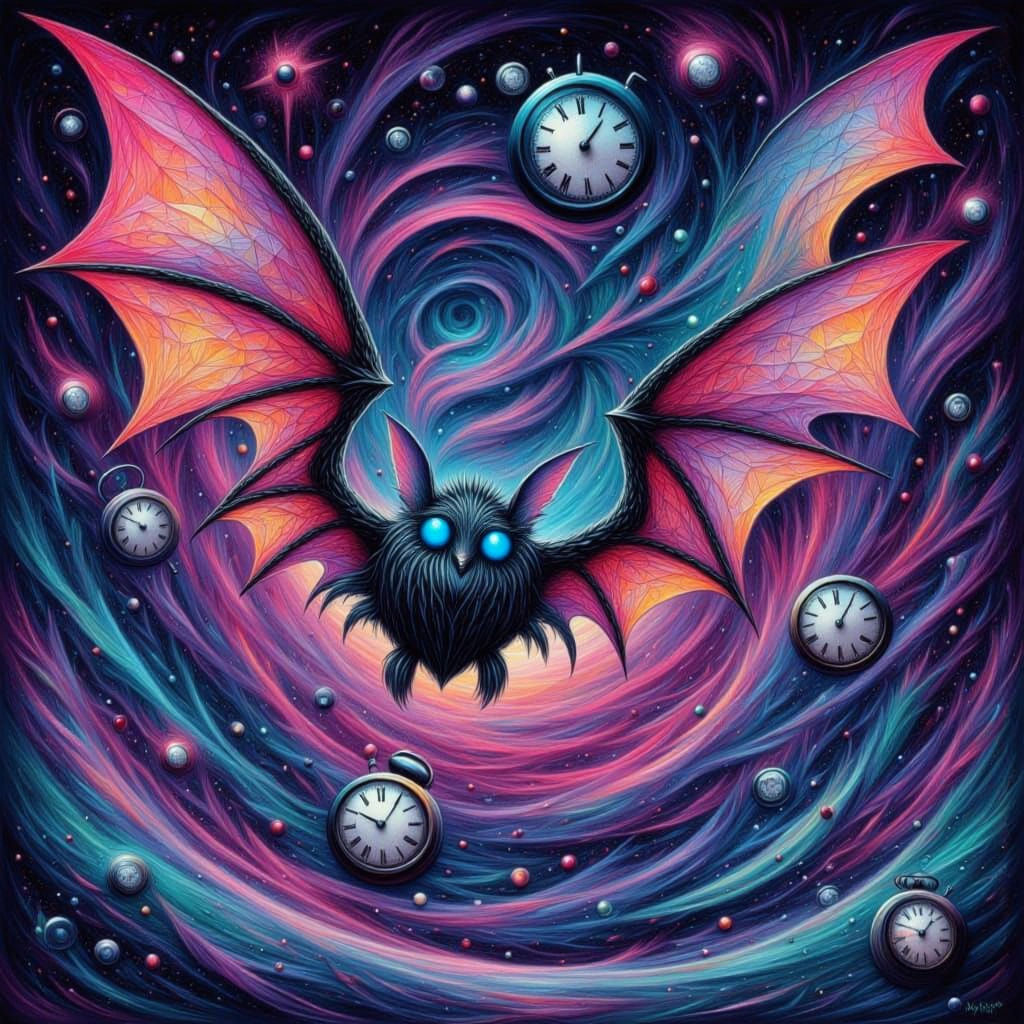 Geometric Winged Bat Soaring Through Time