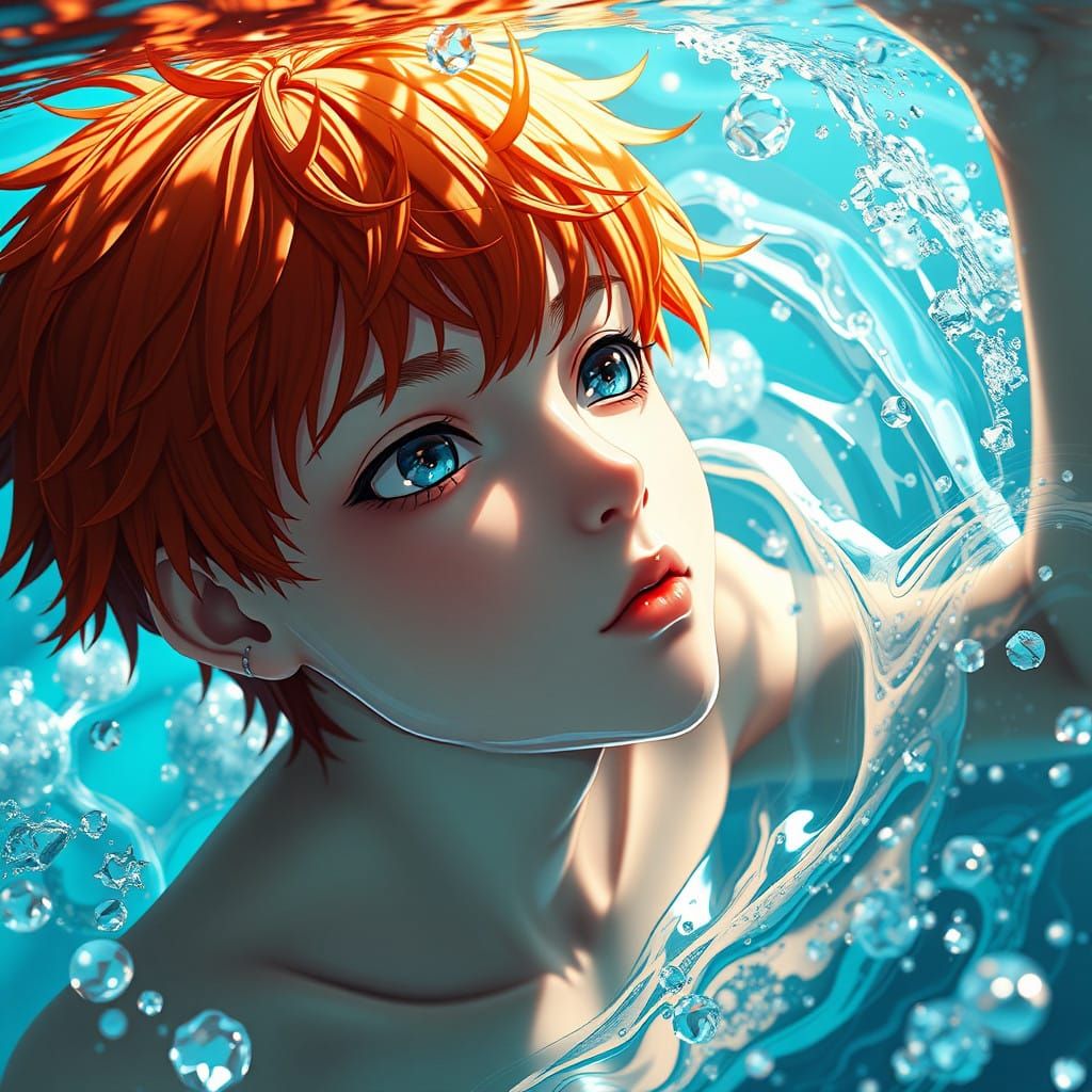 A Boy Submerged in Vibrant Orange-Hued Waters