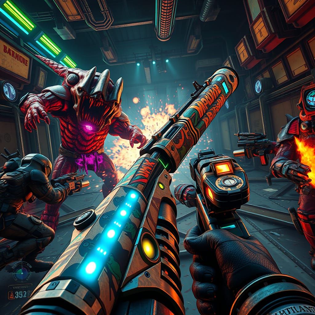 Post-Apocalyptic FPS Scene with Neon-Lit Weapon