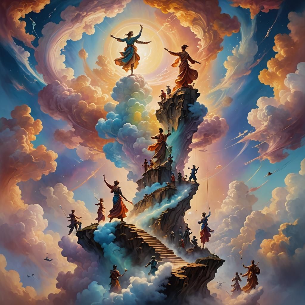 Figures Restore Balance in Surreal Dreamlike Oil Painting