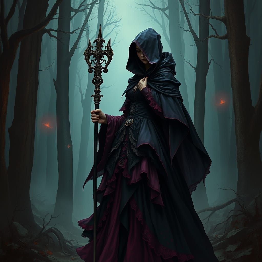Mysterious Dark Fantasy Woman in Cursed Forest