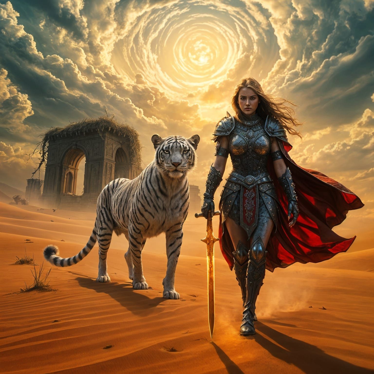Epic Warrior Queen Walks Beside Majestic Cheetah in Desert L...