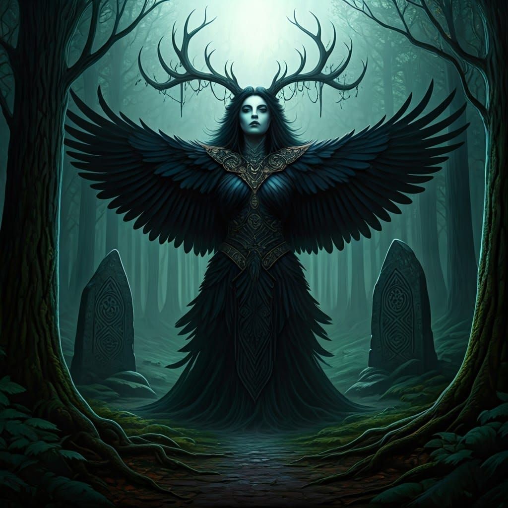 Morrigan Rises: Celtic Deity in Ethereal Forest