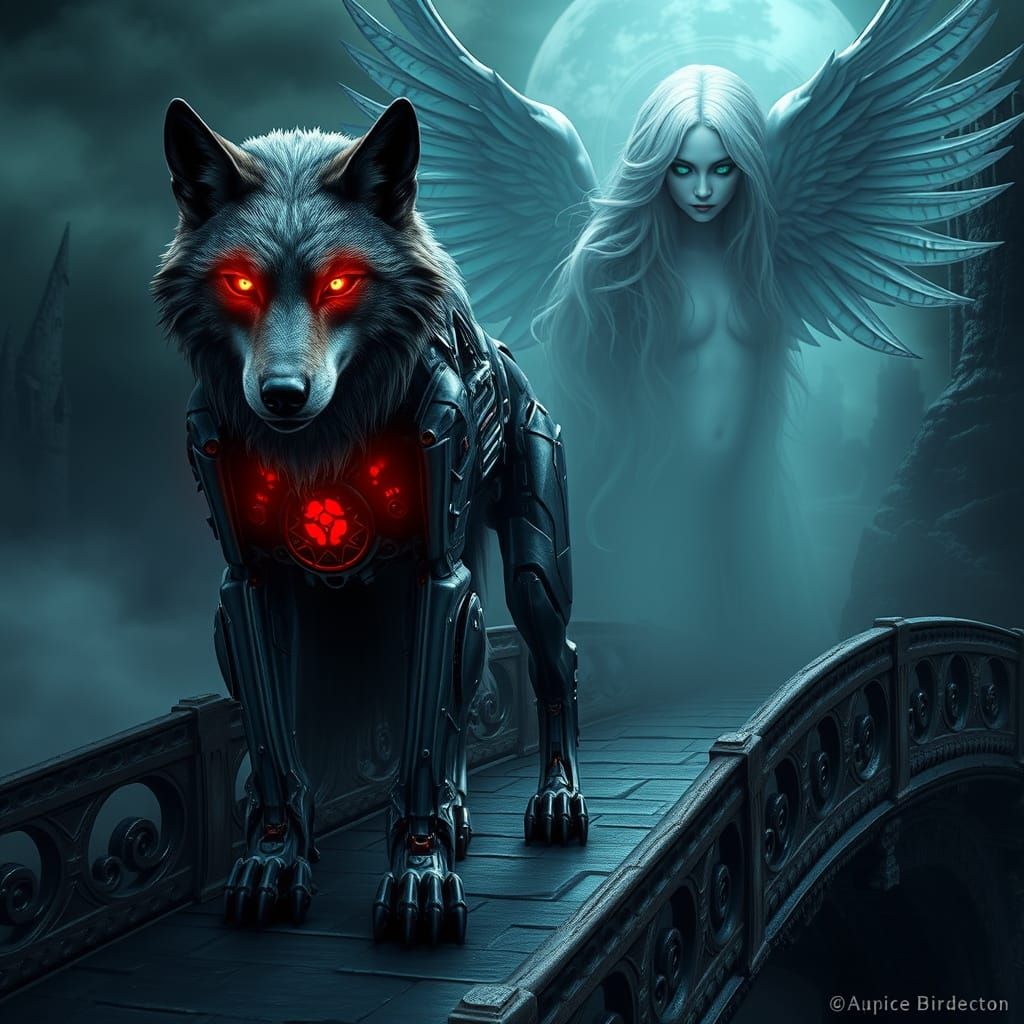 Cyberpunk Goddess and Biomechanical Wolf on Ancient Gothic B...
