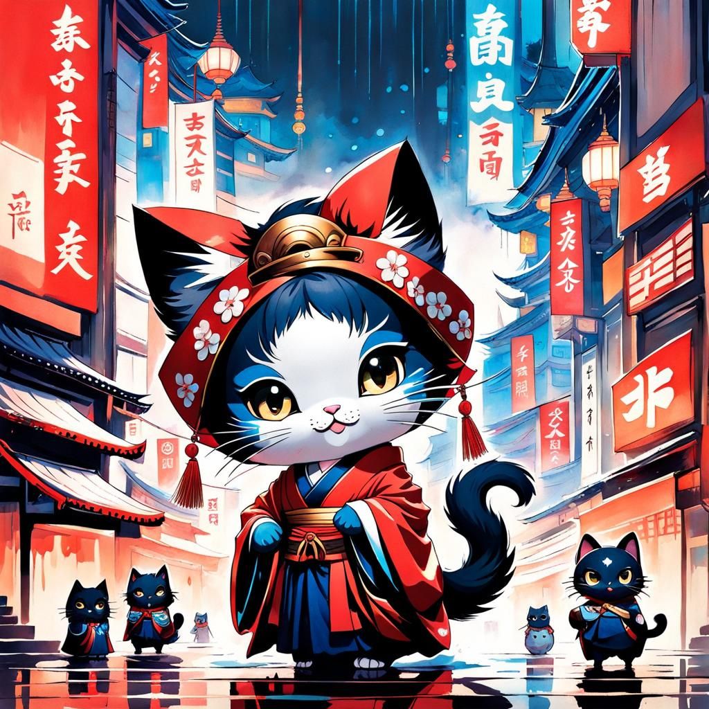 Cute Chibi Cat Geisha in Manga Style