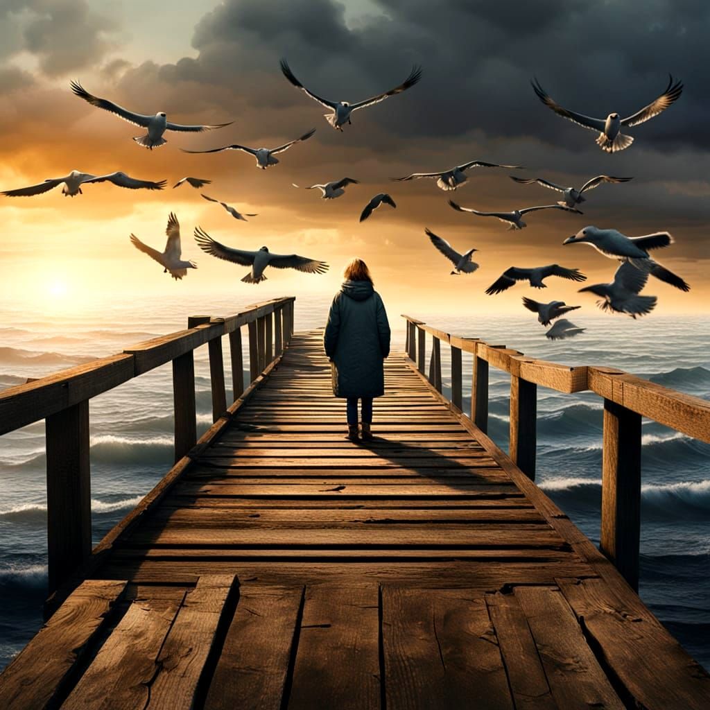 Woman Gazes at Crushing Sea at Sundown