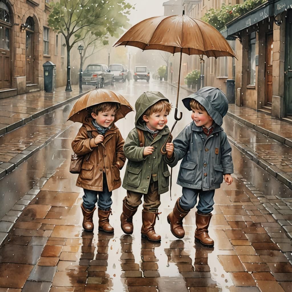 boys in the rain on a cobblestone street