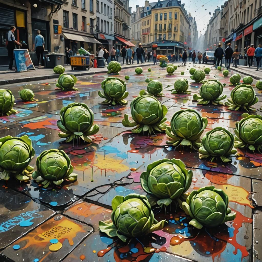Surreal Graffiti Art: Dancing Brussels Sprouts