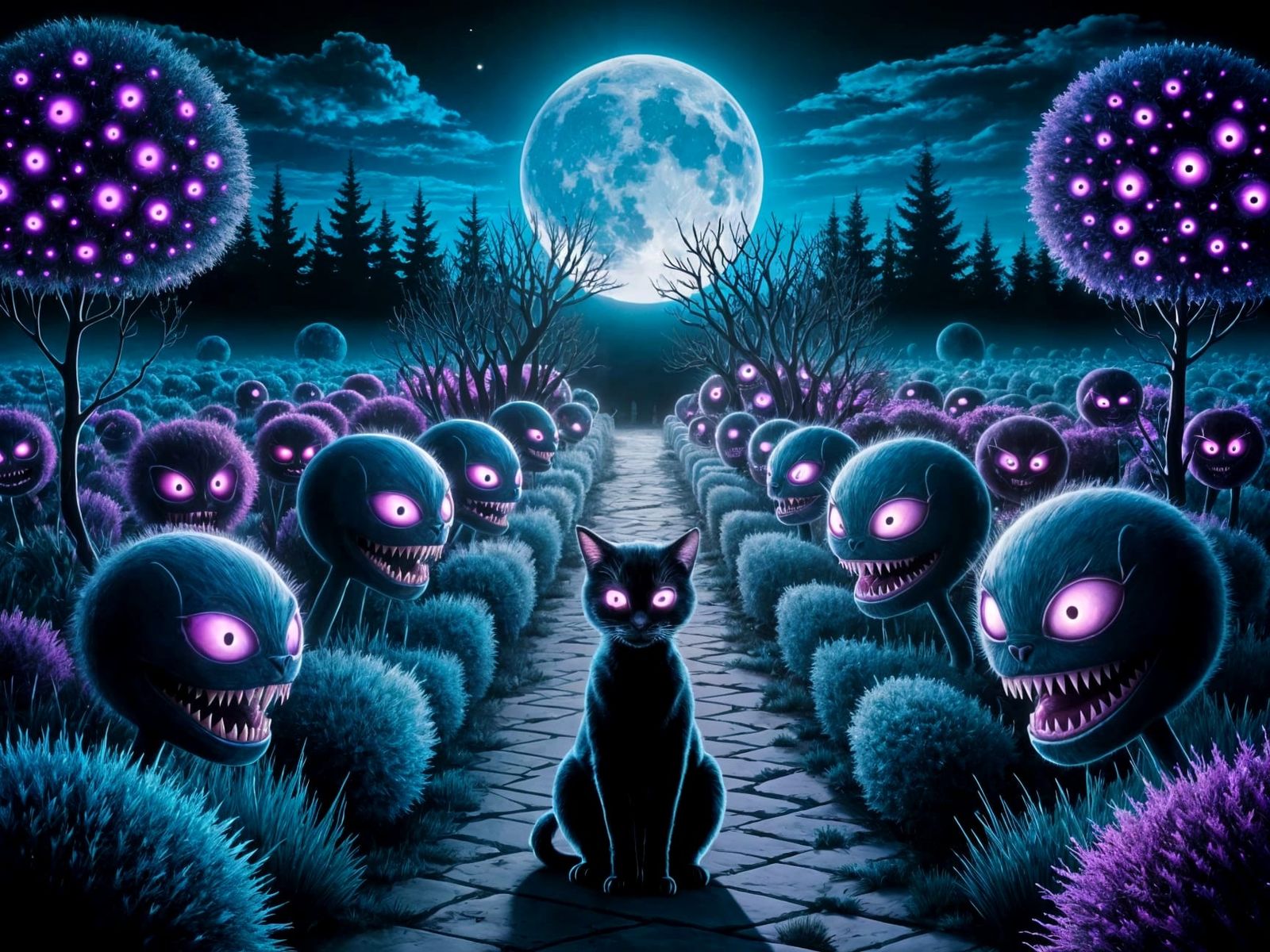 Eerie Moonlit Garden with Glowing-Eyed Cat