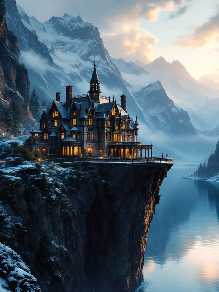 Gothic Mansion Overlooking Norwegian Fjord at Twilight