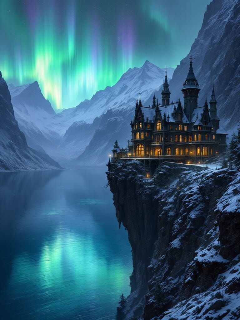 Gothic Mansion Under Aurora Borealis Over Fjord