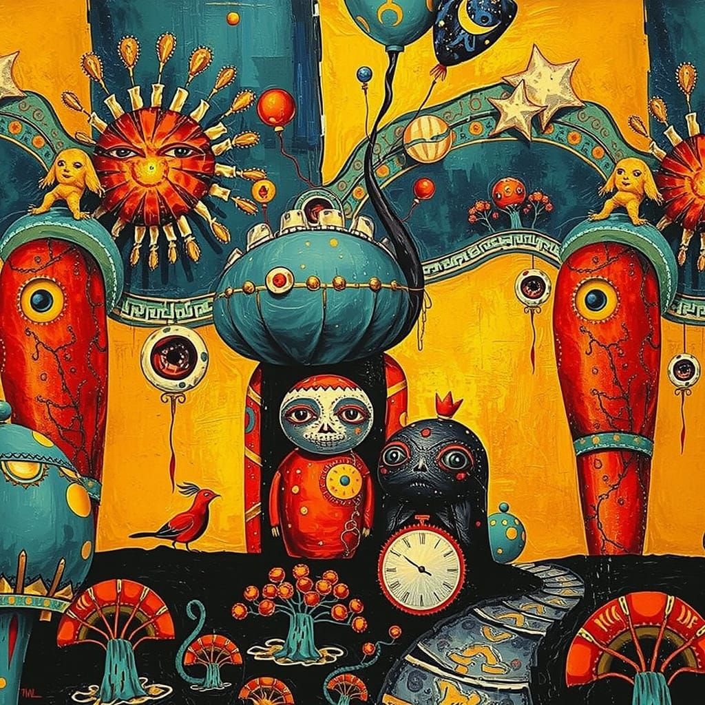 Surrealist Figures in a Fantastical Landscape with Gold Acce...