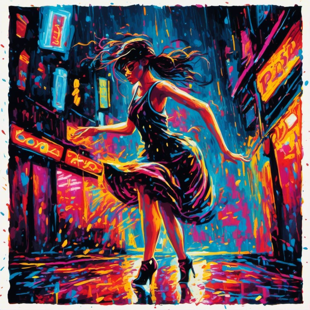 Teen Dances in Rainy City Street: Colorful Gothic Art