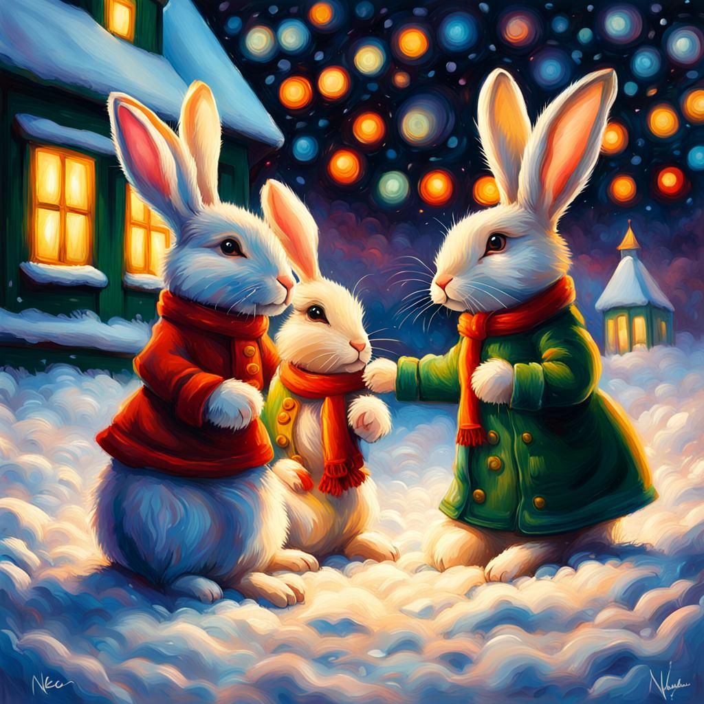 Festive Rabbits Celebrate Christmas: Hyperrealistic Oil Pain...
