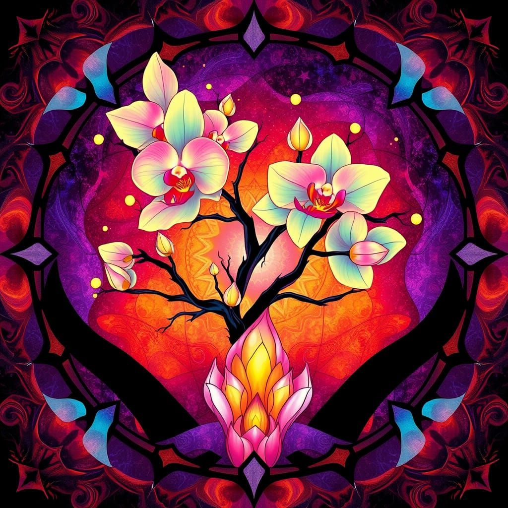 Bauhaus-Inspired Bioluminescent Mandala with Glowing Orchids...