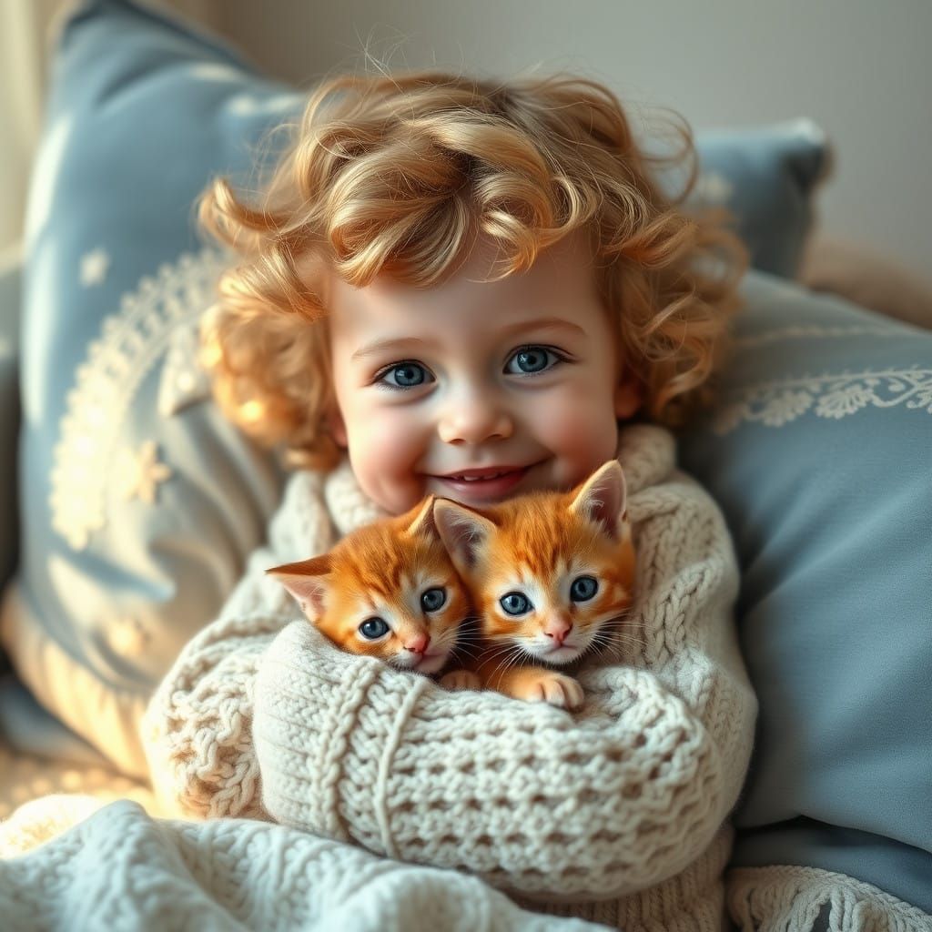 Sunny Toddler Gazes at Camera with Kitten