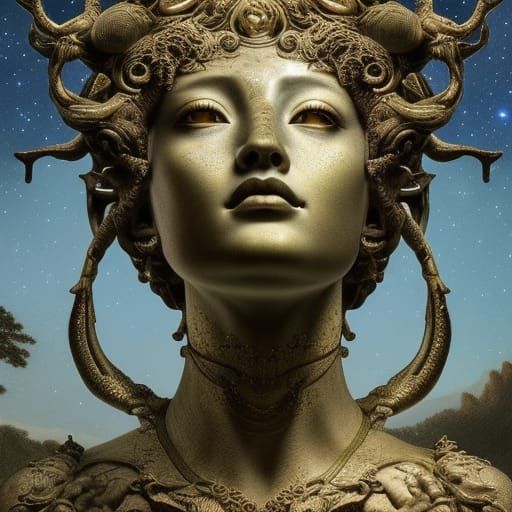 Goddess Statue in Starry Night Sky: Hyperrealistic Art