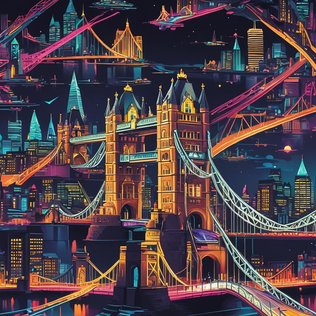 Tower Bridge at Night in Neon Futuristic Style