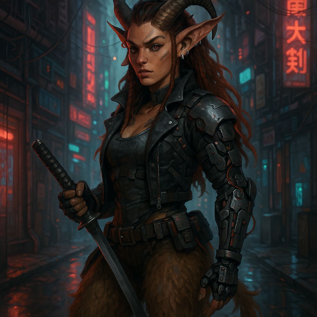 Shadowrun Female Satyr Street Samurai in Cyberpunk Style