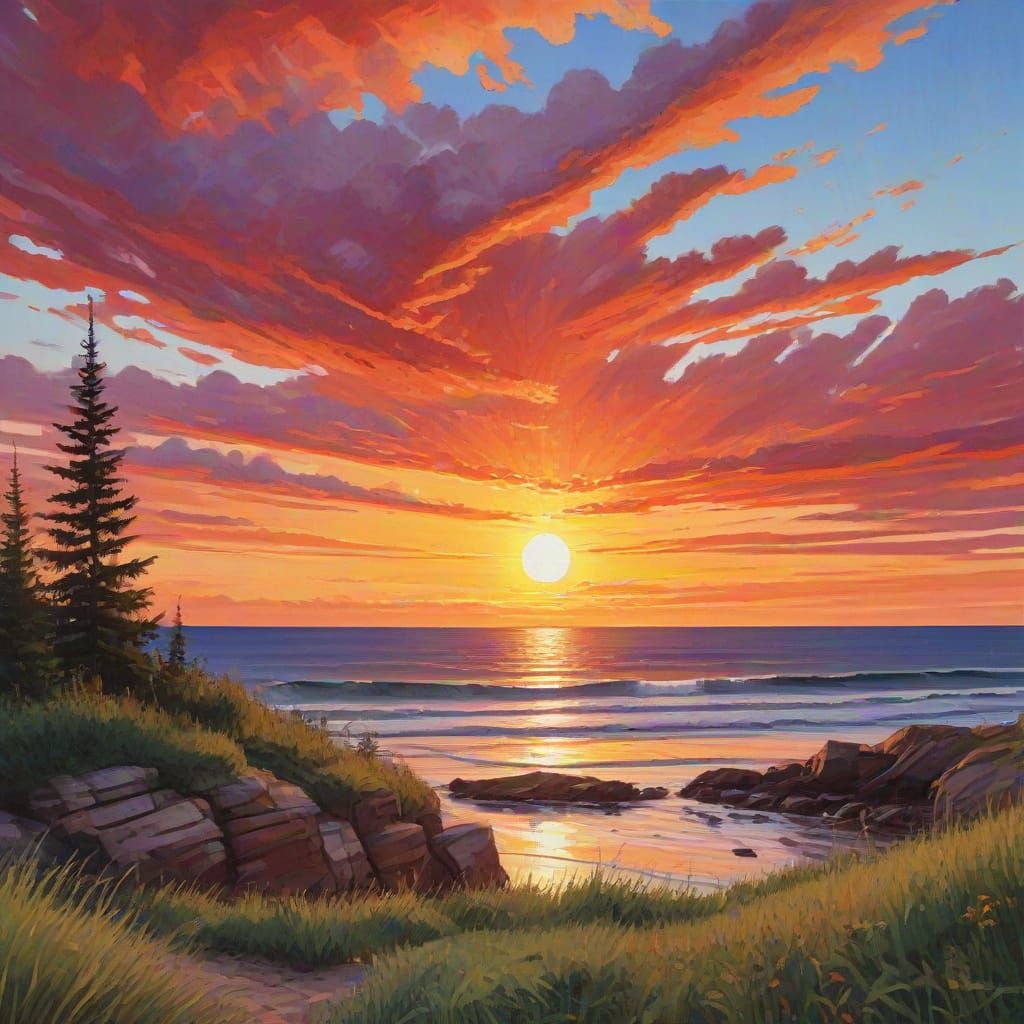 Vibrant Sunrise Over Cavendish, PEI in Impressionist Gouache...