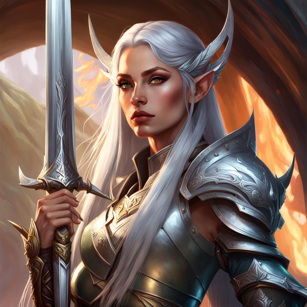 Silver-Haired Elf Warrior Queen with Dragon